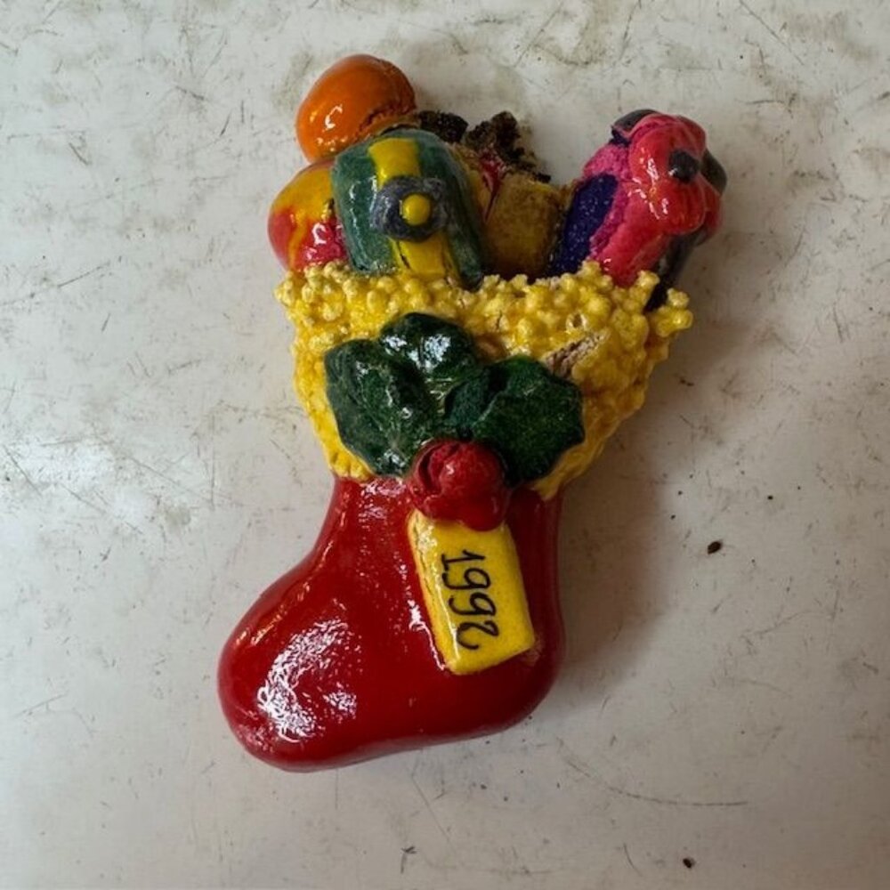 Vintage 1992 Ceramic Christmas Stocking Ornament With Toys